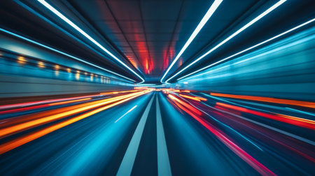 A wide-angle shot of a highway tunnel with moving traffic, emphasizing the dynamic movement of vehicles and the illuminated road surface within the tunnel.の素材