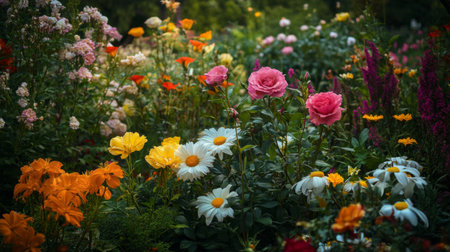 A wide-angle shot of a blooming garden with an array of colorful flowers, including roses, daisies, and lilies, creating a vibrant and lively scene.の素材