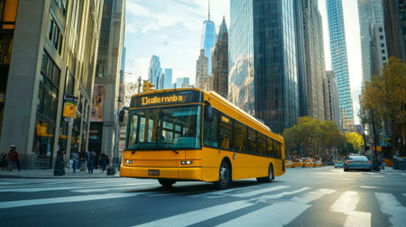 A wide-angle shot of a bright yellow city bus driving through an urban street, with clear details of the bus and cityscape in the background.の素材