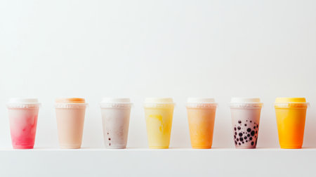 A minimalist image of a row of bubble tea cups in different flavors and colors, neatly arranged against a plain white background, highlighting variety.の素材