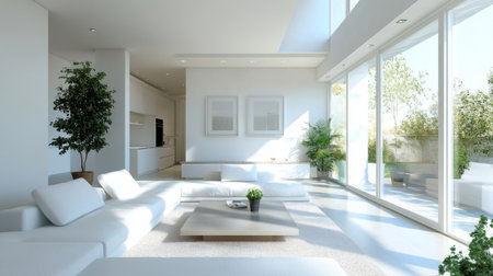 A wide-angle shot of a minimalistic living room with a clean, white sofa, simple coffee table, and large windows allowing natural light to flood the space.の素材