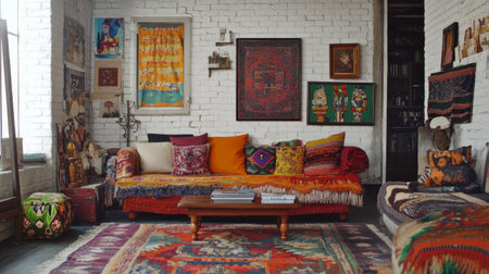 A vibrant living room with colorful cushions, patterned rugs, and eclectic art on the walls, reflecting a lively and creative space.の素材
