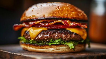 A macro view of a gourmet burger with layers of crispy bacon, melted cheese, lettuce, and a juicy beef patty, all stacked in a toasted bun.の素材