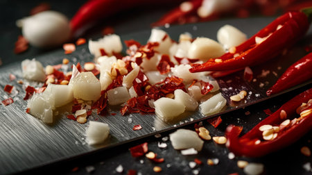 A macro shot of finely chopped garlic and sliced red chilies on a knife blade, with the juicy details and sharp edges in clear focus.の素材