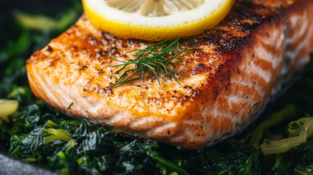 A macro view of a seared salmon steak with crispy skin, topped with fresh dill and a slice of lemon, set on a bedの素材