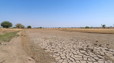 A wide-angle shot of a parched landscape with cracked soil and barren fields, illustrating the severe effects of drought on agriculture.の素材