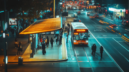 A wide-angle shot of a bus stop during rush hour, with a crowd of people waiting and a bus approaching, showcasing the busy city environment.の素材
