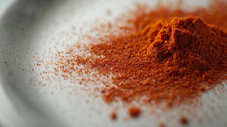 A macro shot of ground paprika with its deep red color and fine texture, sprinkled across a white plate, emphasizing its bold flavor.の素材