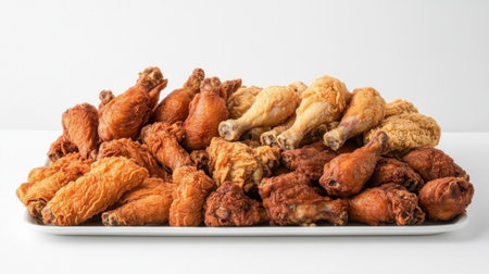 A pile of assorted fried chicken pieces, including wings, thighs, and drumsticks, arranged on a white platter against a plain white background.の素材