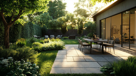 A wide-angle shot of a minimalistic outdoor patio with a simple dining table, a few modern chairs, and a well-maintained garden area, featuring clean lines and a serene environment.の素材