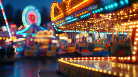 A detailed shot of a carnival or fair with colorful lights on rides and attractions, highlighting the bright and festive atmosphere of the event.の素材