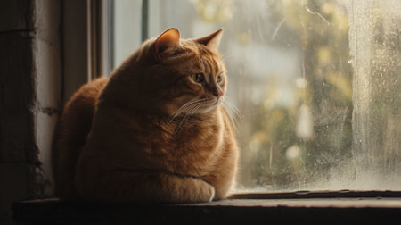 A detailed shot of a plump cat sitting on a windowsill, with its round body and expressive eyes framed by the soft, diffused light coming through the window.の素材
