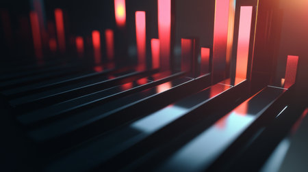 A detailed shot of a 3D bar chart with animated bars showing upward trends, highlighted by shadows and reflections for a dynamic visual effectの素材