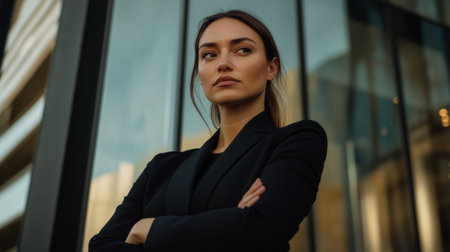A detailed shot of a businesswoman in a black blazer, with her arms crossed and a determined expression, standing in front of a modern, glass-paneled office building.の素材