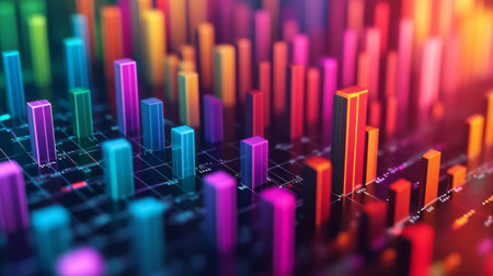 A detailed shot of a 3D bar chart with bars rising from a 3D grid, showcasing different data sets with distinct colors and precise axis markers.の素材