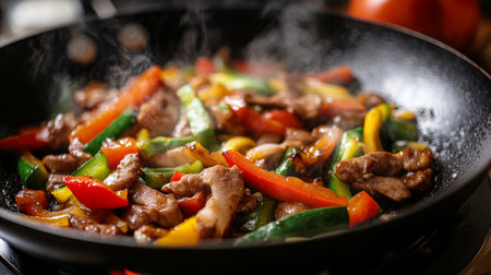 A detailed shot of a sizzling pan with a delicious stir-fry, showcasing the vibrant mix of vegetables and meat as it cooks.の素材