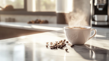 A detailed shot of a hot coffee cup placed on a marble countertop, with a few coffee beans scattered around and steam rising from the cup.の素材