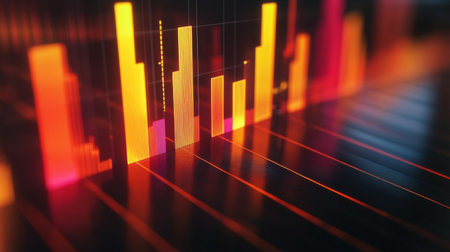 A detailed shot of a 3D bar chart with animated bars showing upward trends, highlighted by shadows and reflections for a dynamic visual effectの素材