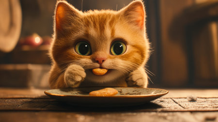 A detailed shot of a plump cat savoring a treat from a small plate, with its round face and excited expression captured in close-up.の素材