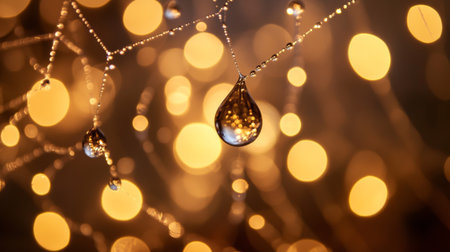 A macro shot of water droplets on a spiderweb, with each droplet reflecting light and creating a sparkling effect against a blurred background.の素材