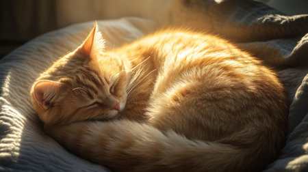 A detailed view of a fat cat curled up in a sunbeam, with its soft fur and round shape emphasized by the warm light streaming through the window.の素材