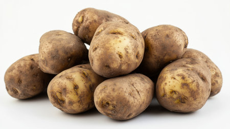 A detailed view of a bunch of fresh potatoes with their earthy skins and slight blemishes, positioned on a white background for contrast.の素材