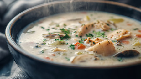 A detailed view of a bowl of steaming clam chowder with chunks of seafood and fresh herbs, emphasizing the creamy texture and hearty ingredientsの素材