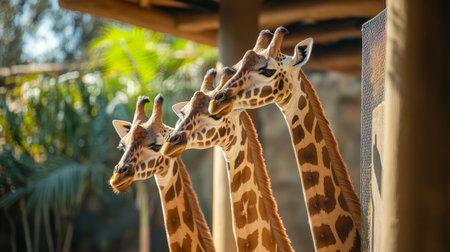 A detailed view of a group of giraffes feeding from a tall feeding station, showcasing their long necks and gentle behavior in a zoo setting.の素材