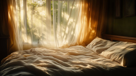 A king-sized bed covered with a soft, rumpled blanket, as sunlight streams through sheer curtains, evoking a sense of lazy morningsの素材