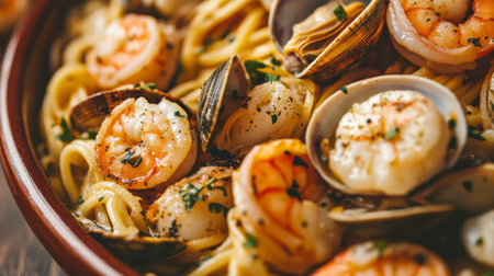 A detailed view of a bowl of seafood pasta with clams, shrimp, and scallops, showcasing the rich, creamy sauce and perfectly cooked ingredientsの素材