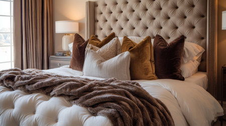 A luxurious bed with a tufted headboard, draped in rich, velvet blankets and accent pillows, set in an elegantly decorated bedroom.の素材