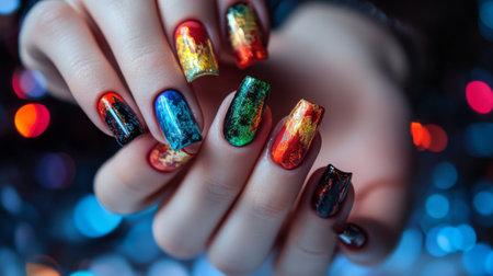 A detailed view of a woman hands with a multi-color manicure, highlighting the artistic and creative design of the nail polish.の素材