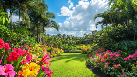 A wide-angle shot of a tropical garden with an explosion of colorful hibiscus and bird of paradise flowers, highlighting the lush, vibrant landscape.の素材