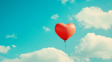 A heart-shaped balloon floating in the sky, surrounded by fluffy clouds and a vibrant blue background, capturing a sense of joy and celebration.の素材