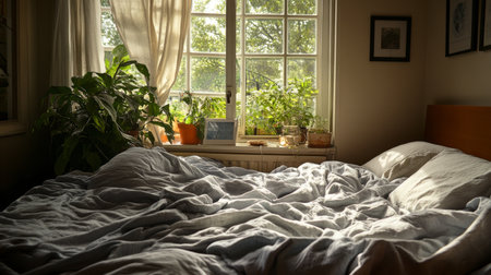 An unmade bed with tangled sheets and pillows, capturing the relaxed, lived-in look of a peaceful morning after a good nigh sleep.の素材