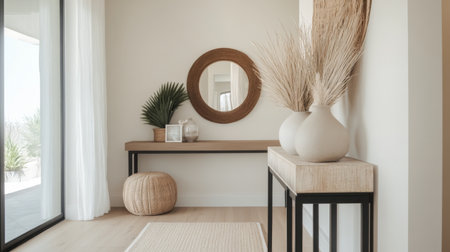 A wide-angle shot of a minimalistic entryway with a sleek console table, a few decorative items, and a neutral color palette creating a calm and welcoming atmosphere.の素材