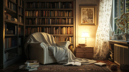 A small, cozy living room with a comfortable armchair, a bookshelf filled with books, and a warm throw blanket draped over the sofa.の素材
