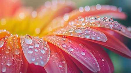 A macro view of dew-covered petals of a flower, with each droplet glistening and adding a fresh, dewy look to the vibrant petals.の素材