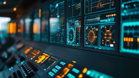 A close-up of a power plant's control room with detailed panels, gauges, and screens, highlighting the technology and operations behind energy production.の素材