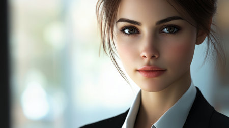 A high-resolution close-up of a businesswoman in formal wear, with a focused and approachable look, representing professionalism and success.の素材
