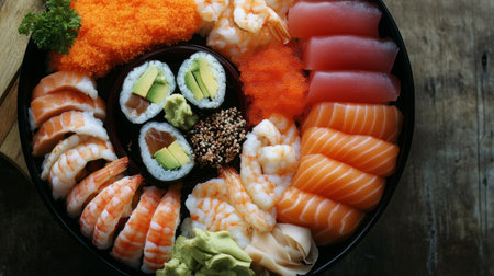 A beautifully arranged sushi and sashimi set from above, featuring fresh salmon, tuna, and shrimp, served with pickled ginger and soy sauce.の素材