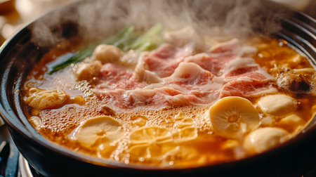 A close-up of a hot pot's interior, showcasing the rich, golden broth with floating ingredients like sliced meat and mushrooms, with steam gently rising.の素材