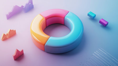 A colorful 3D donut chart floating on a clean background, with different data segments separated and highlighted in various hues.の素材