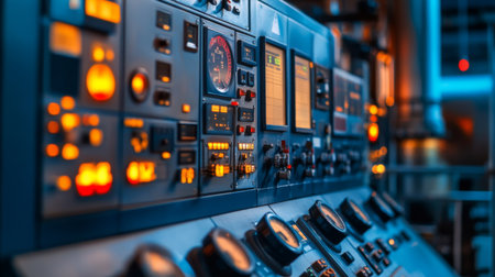 A close-up of a power plant's control room with detailed panels, gauges, and screens, highlighting the technology and operations behind energy production.の素材