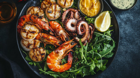 A delicious seafood platter from above, featuring grilled prawns, octopus, and scallops, served with garlic butter and fresh greens on the side.の素材