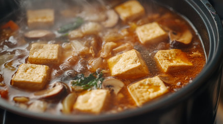 A high-resolution close-up of a hot pot with a rich, flavorful broth, featuring close-up details of ingredients like mushrooms and tofu cooking inside.の素材
