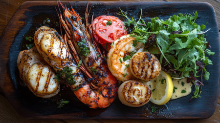 A delicious seafood platter from above, featuring grilled prawns, octopus, and scallops, served with garlic butter and fresh greens on the side.の素材