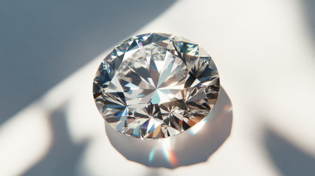 A loose diamond nestled on a white background, with a soft shadow enhancing its multi-faceted brilliance and crystal clarity.の素材