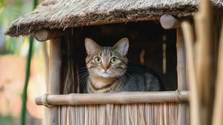 A close-up view of a charming, rustic cat house with a thatched roof and wooden construction, providing a cozy retreat for a cat.の素材