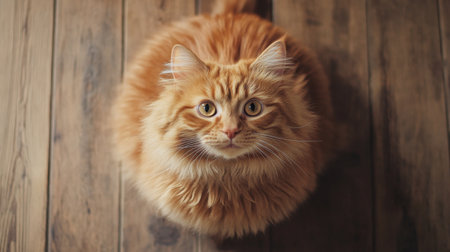 A round, orange cat with fluffy fur sitting on a wooden floor, gazing directly at the camera with a sweet and gentle look.の素材